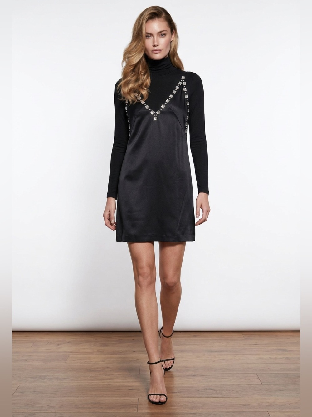 MAJE Elegant Black Turtleneck Long-Sleeve Dress with Embellished V-Neck Size 34